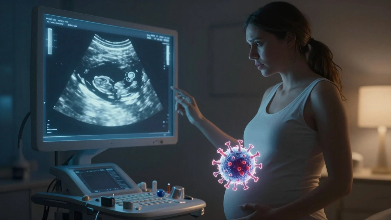 Těhotná žena s ultrazvukovým obrazem plodu, nad břichem se objevuje vírus.