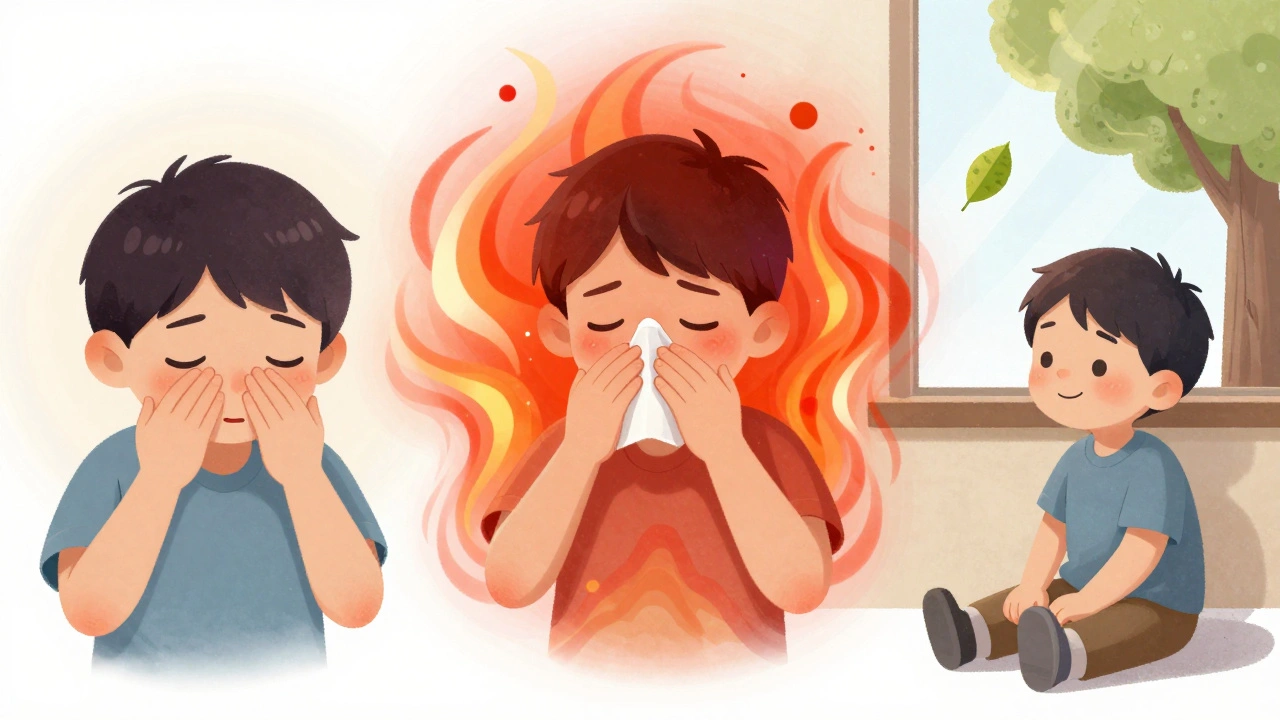 Tři fáze virózy u dítěte: počátek, vrchol a zotavení, znázorněné umělecky.