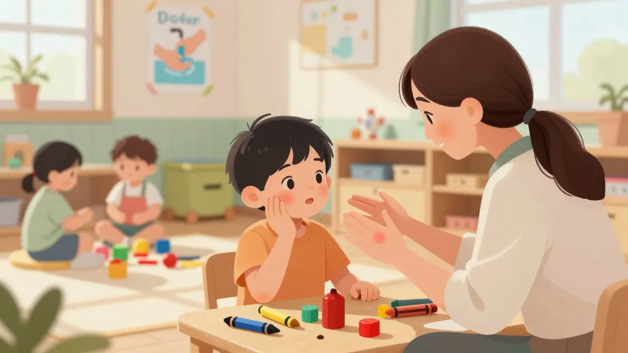 Učitelka v mateřské škole si všimne vyrážky na ruce dítěte, ostatní děti hrají.