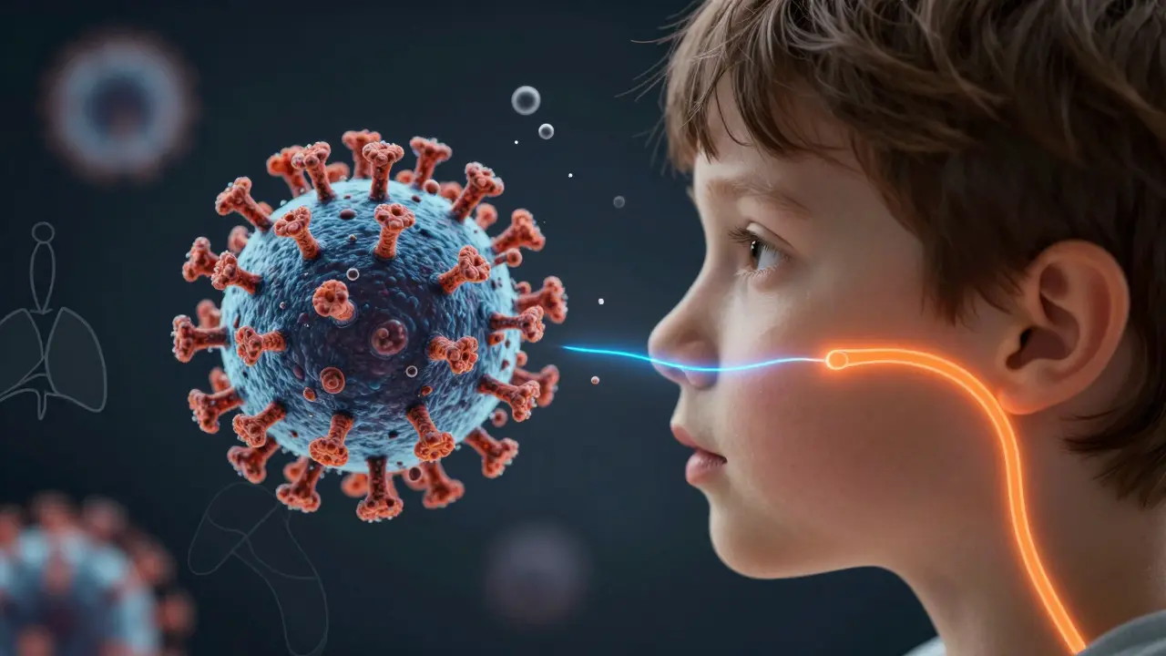 Virusové částice se šíří kapénkami k slinným žlázám pod ušima.