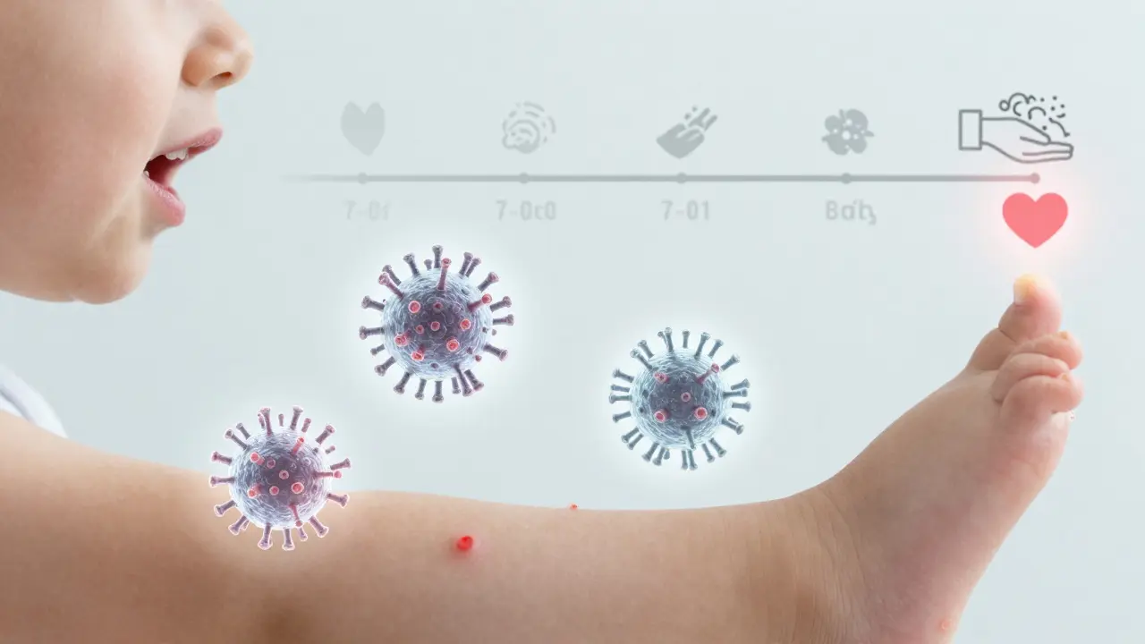 Viry se šíří k rukám, nohám a ústům, za nimi se objevuje symbol hygieny a uzdravení.