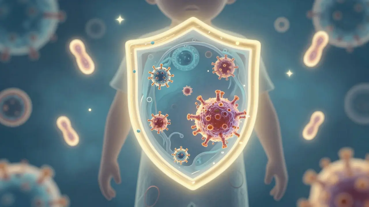 Abstraktní ilustrace imunitního systému, který rozpoznává viry po očkování mezi 7. a 12. dnem.
