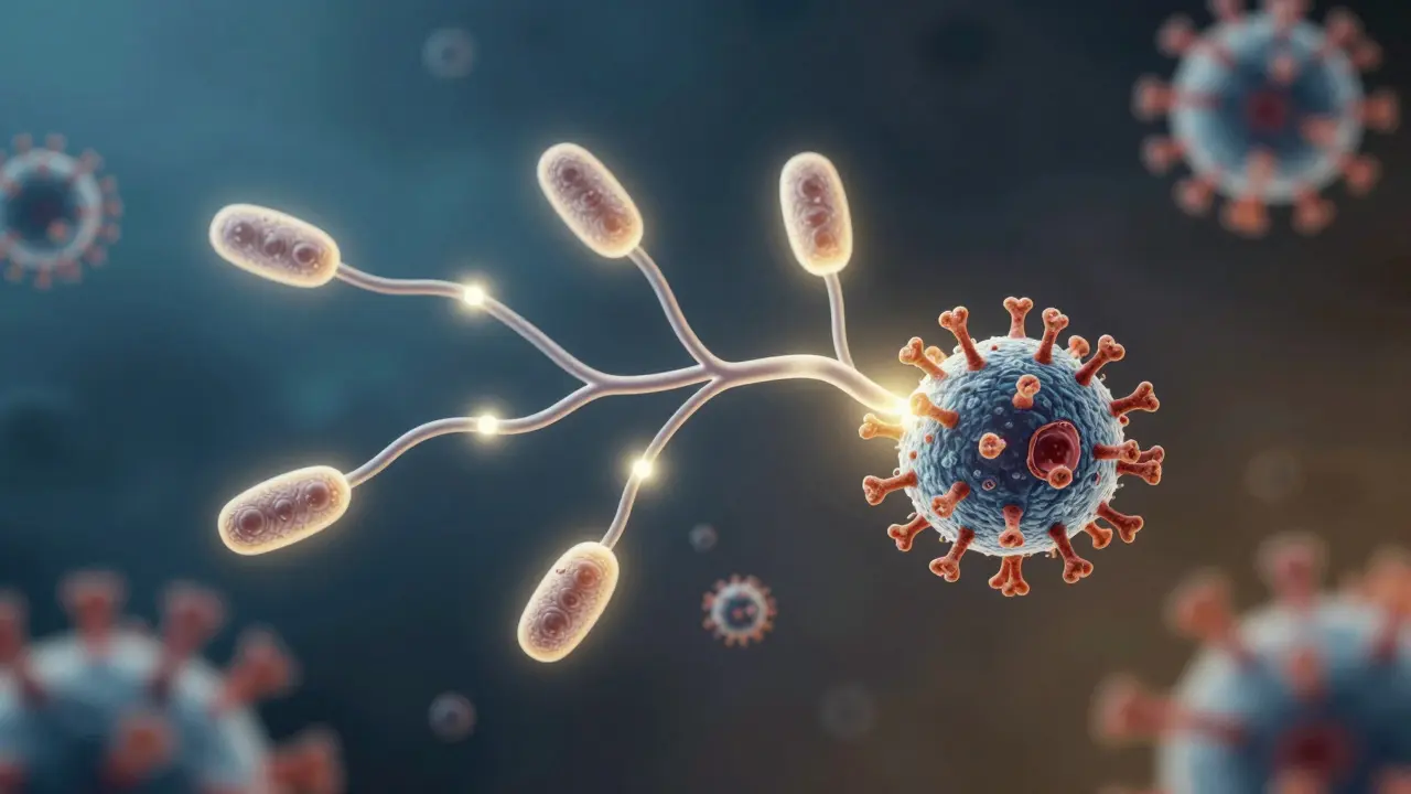 Abstraktní znázornění imunitního systému, jak vyrábí protilátky proti zarděnkám během 14 dní.