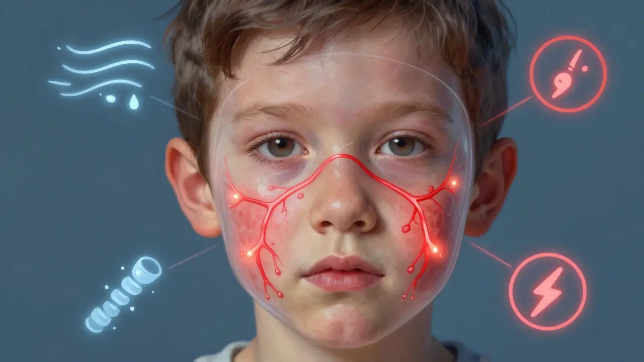 Abstraktní znázornění krevních cév pod tenkou dětskou pokožkou.