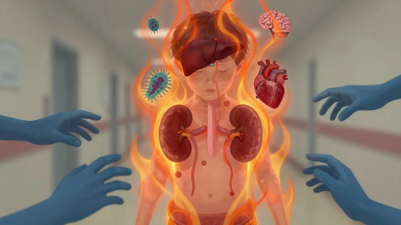 Abstraktní znázornění přehřátého těla dítěte s vlnami tepla a poškozenými orgány, chladné ruce zasahují.