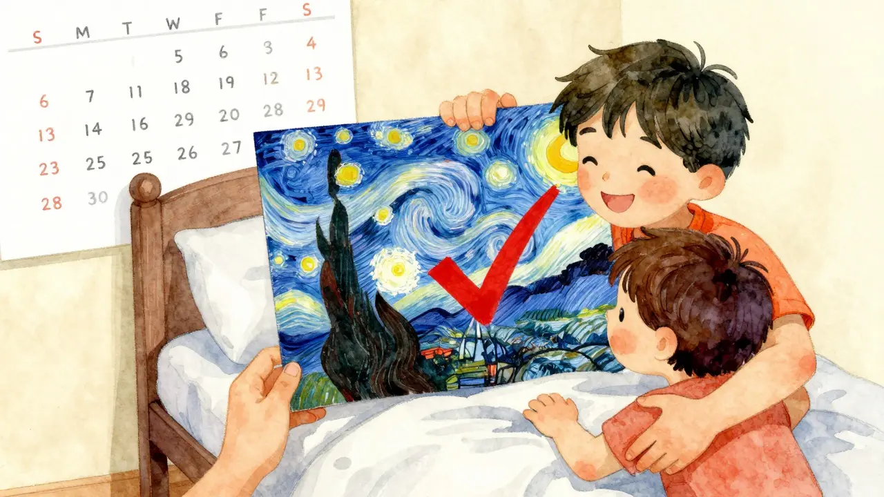 Dítě drží kresbu hvězdné oblohy s označeným pokrokem.