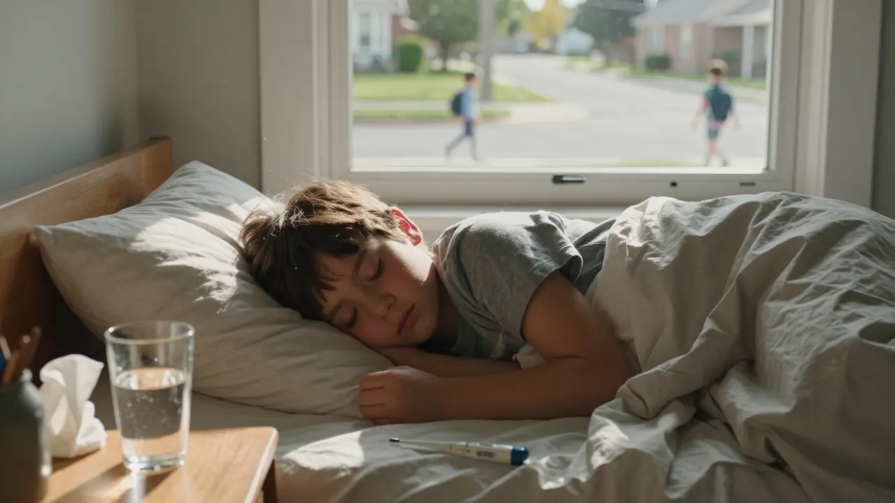 Dítě klidně spí na houpacích polštářích, slunce svítí do pokoje po záchvatu laryngitidy.