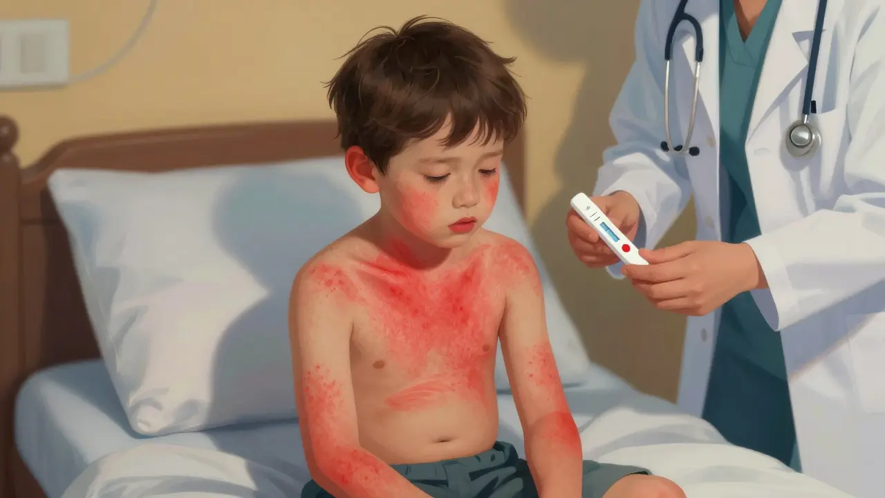 Dítě s červenou vyrážkou na hrudi, známkou skarlátové horečky.