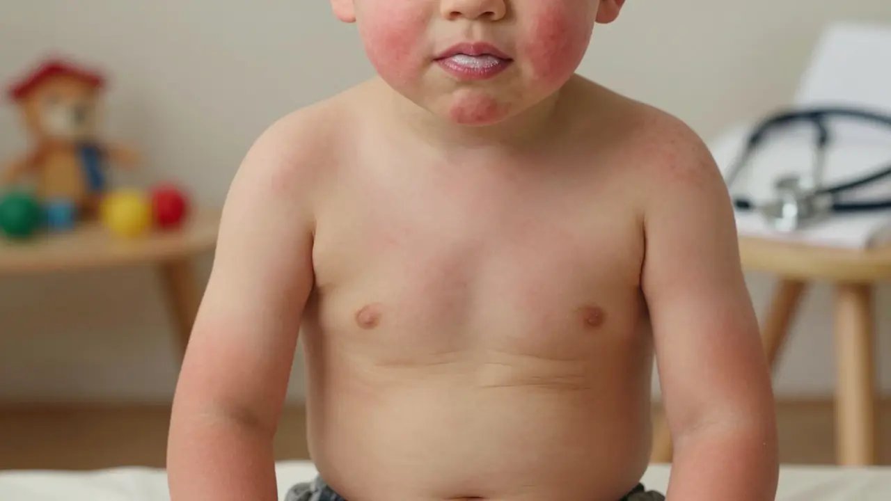 Dítě s charakteristickou šupinovitou červenou vyrážkou na těle a bledým prstenem kolem úst.