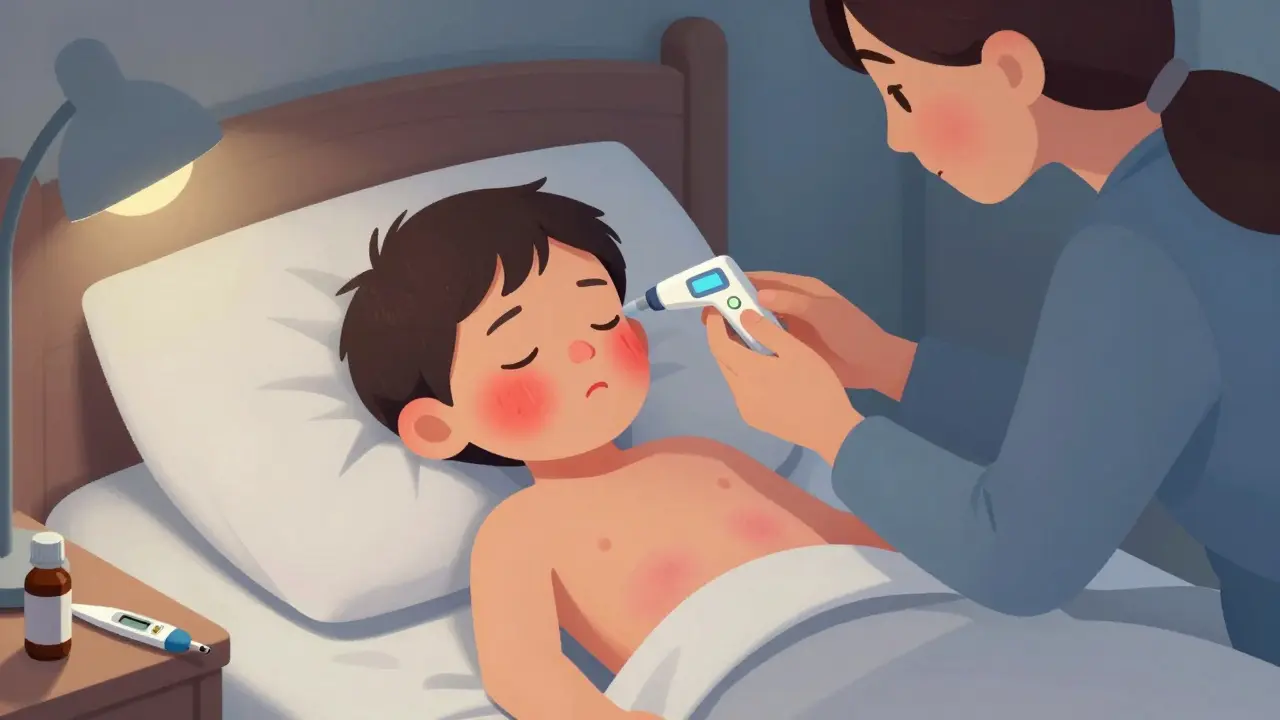 Dítě s zarudlými tvářemi a zvětšenými slinnými žlázami leží v posteli, rodič měří teplotu, na posteli jsou léky.