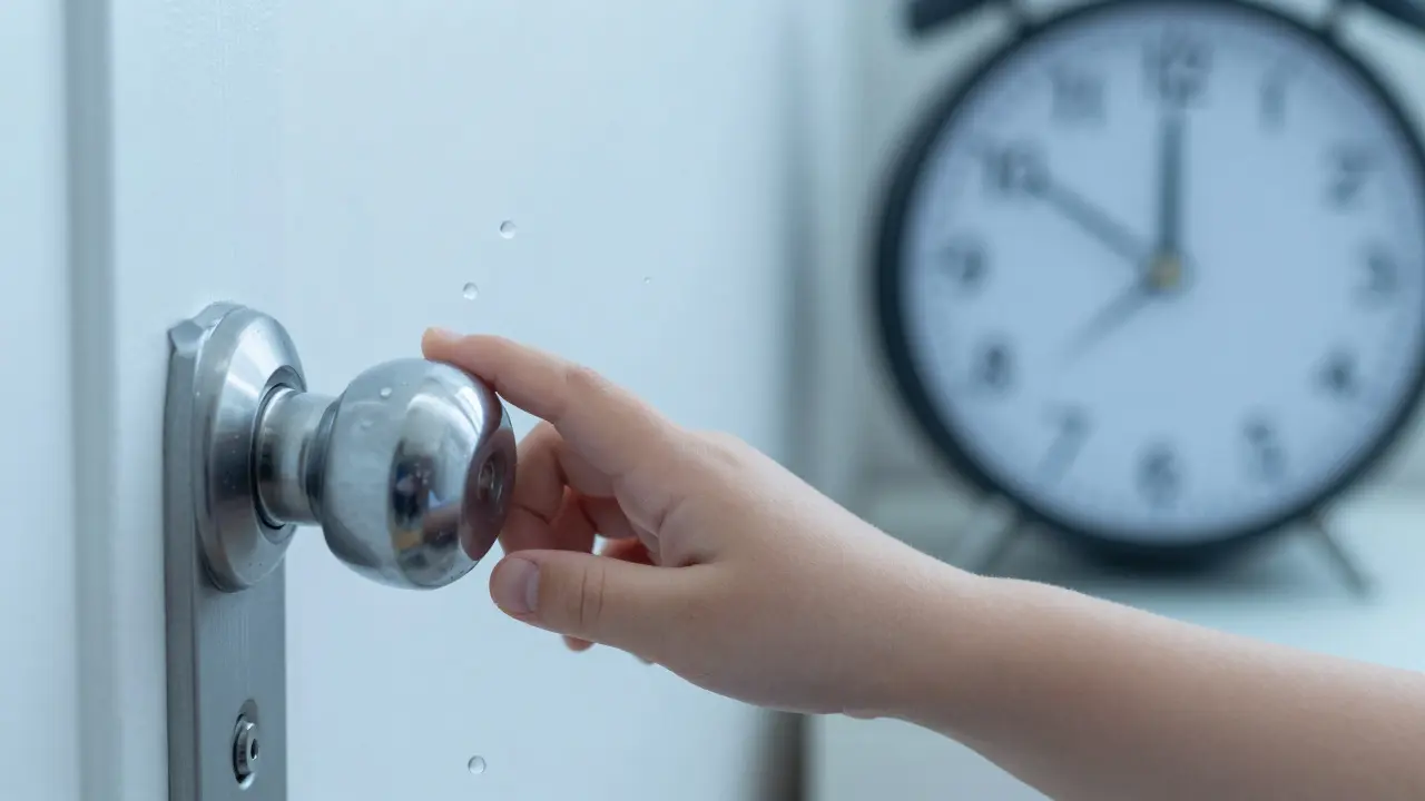 Dítě se dotýká dveřního knoflíku, zatímco v okolí plavou kapky přenášející infekci, symbolizující přenos bakterií.