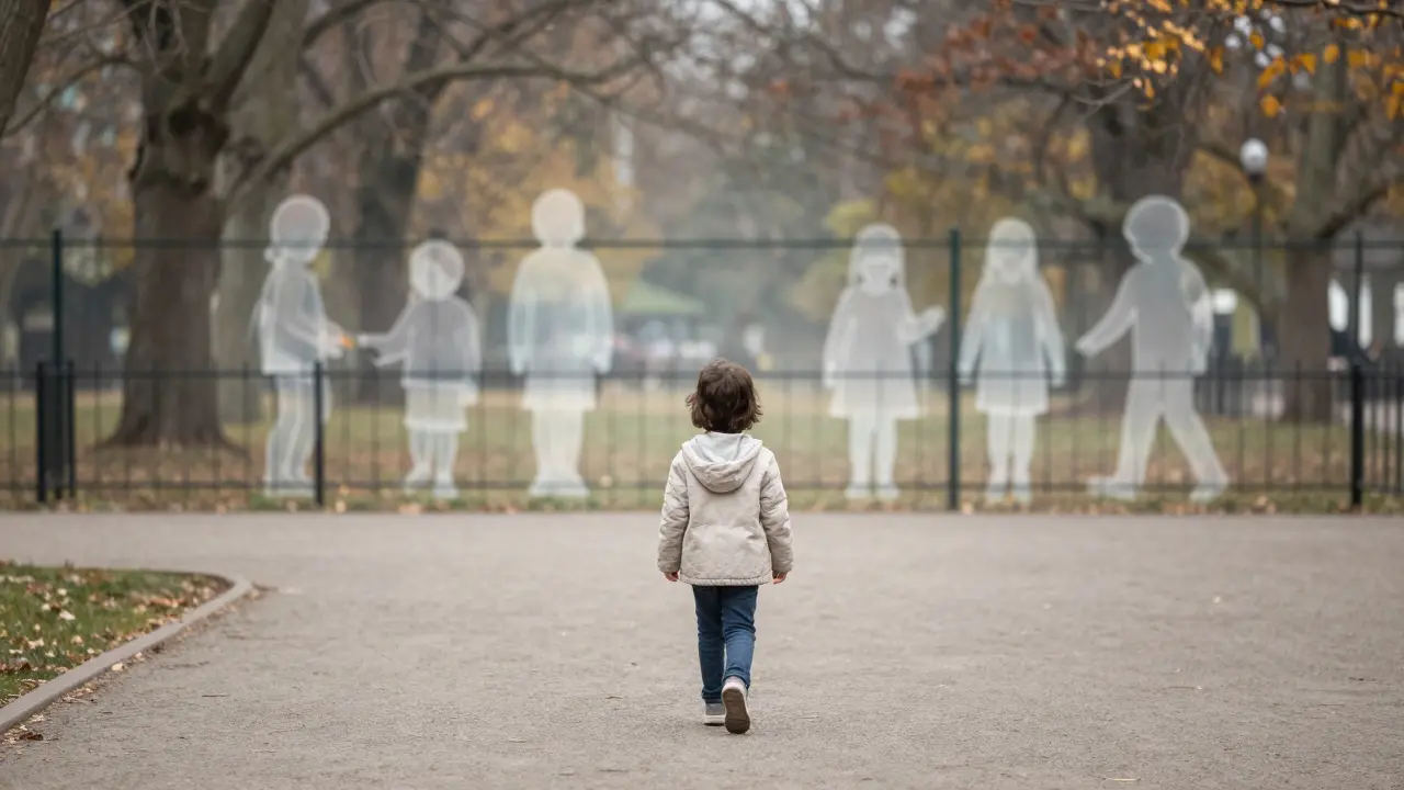 Dítě se prochází v parku, zatímco jiné děti jsou vidět jen jako průhledné stíny za plotem.