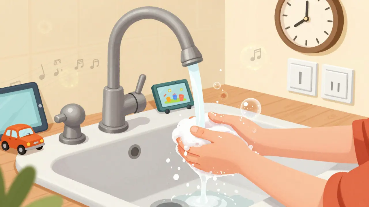 Dítě si myje ruce pod kohoutkem, kolem jsou předměty, ze kterých se odklíží viry.