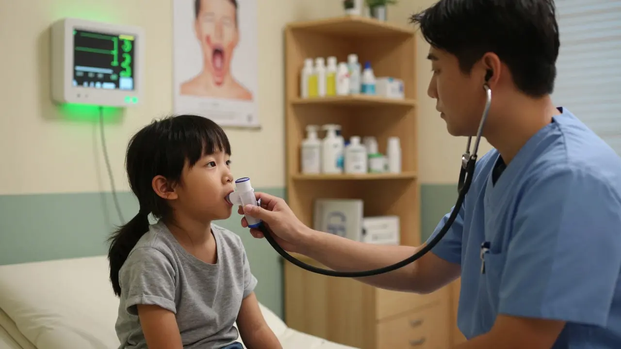 Doktor poslouchá dítě se stetoskopem v klinice, rodič sedí vedle s dítětem na klíně.