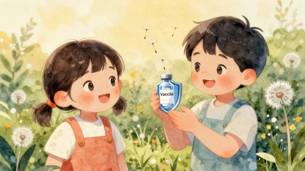 Dvě děti hrající v zahradě, jedna s mírnou reakcí na očkování, symbolicky chráněné dýchajícími semínky.