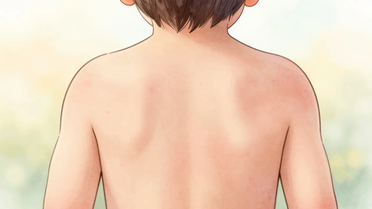 Jemná růžová vyrážka na těle dítěte, která se objevila po skončení horečky, bez svědění.