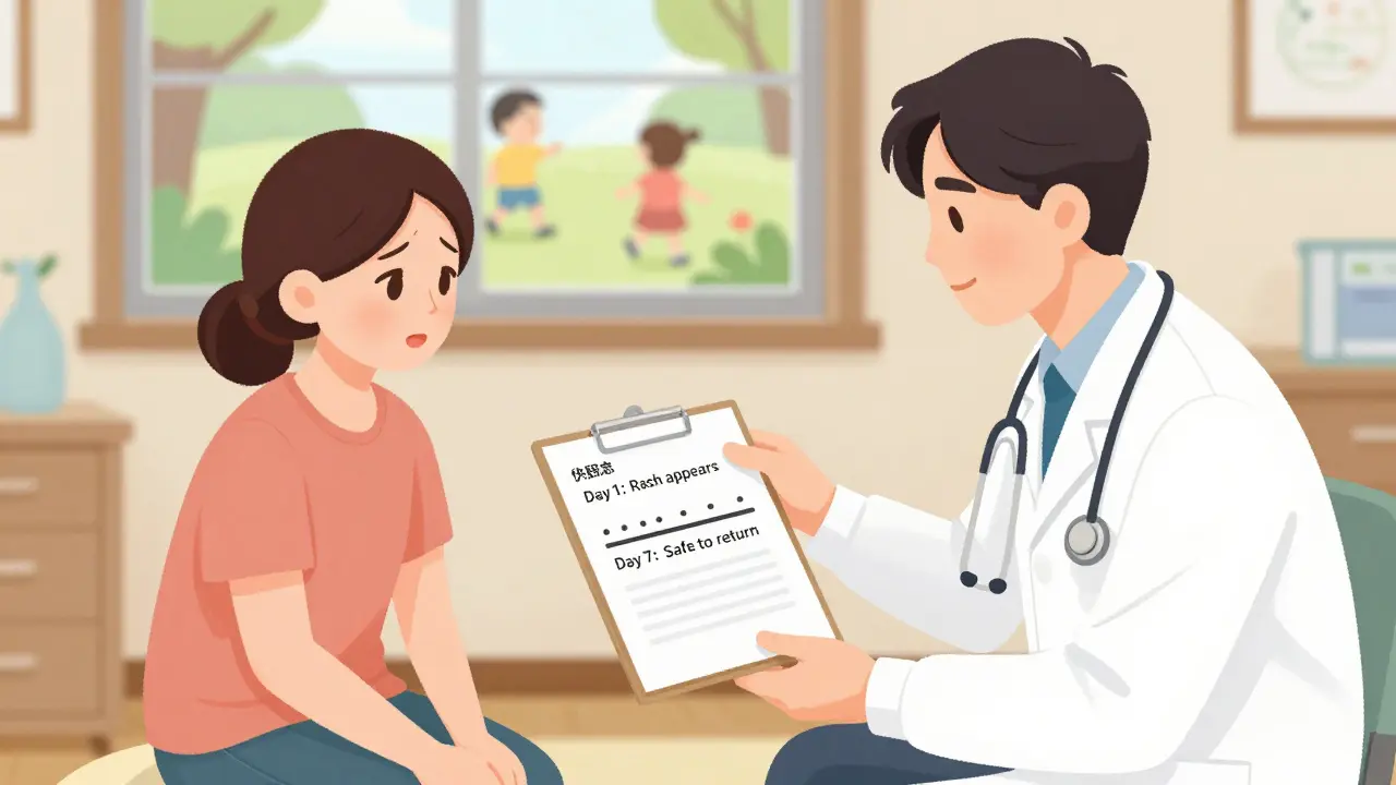 Lékař vysvětluje rodiči, kdy je dítě bezpečné vrátit do kolektivu po zarděnkách.