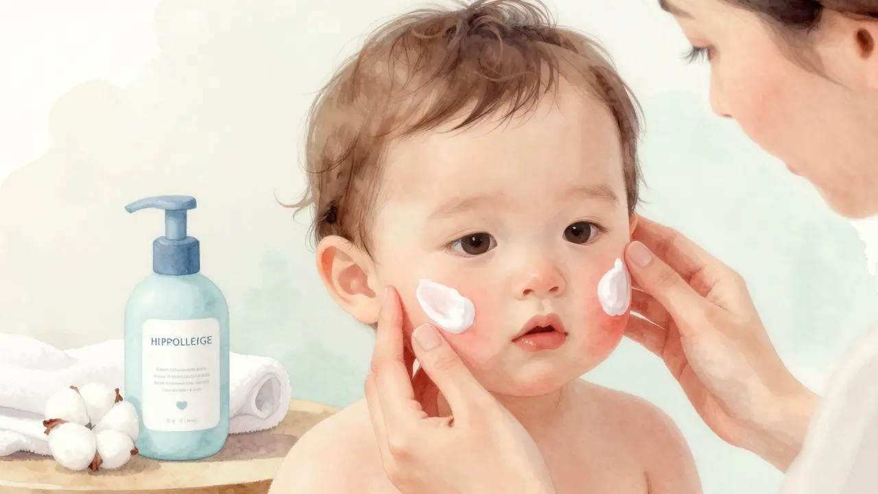 Matka namáčí jemný krém na tváře svého dítěte.