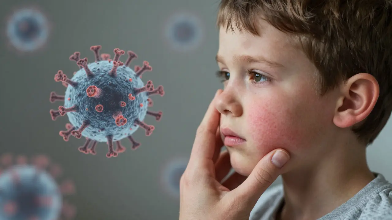 Rodič se dotýká dítěte s červenými tvářemi, za nimiž je subtilní obraz viru.