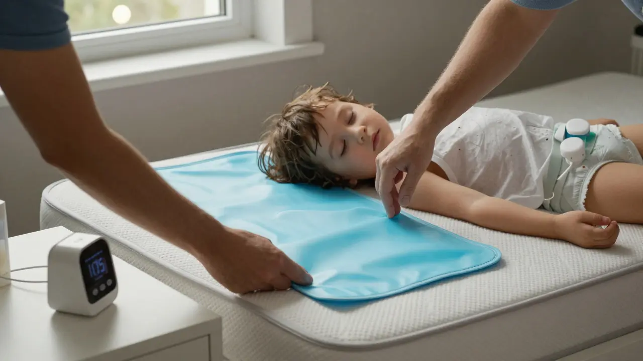 Rodič ukládá vodotěsnou podložku na postel spícího dítěte.