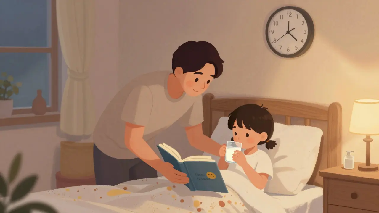Rodič vede dítě do koupelny večer po příběhu, teplé osvětlení a rutina.