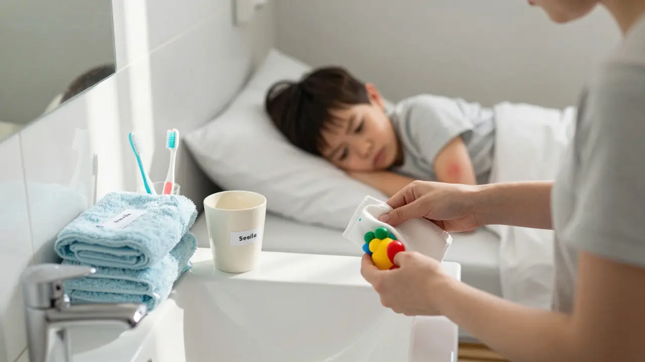 Rodina používá vlastní ručníky a kartáčky, matka dezinfikuje hračku.