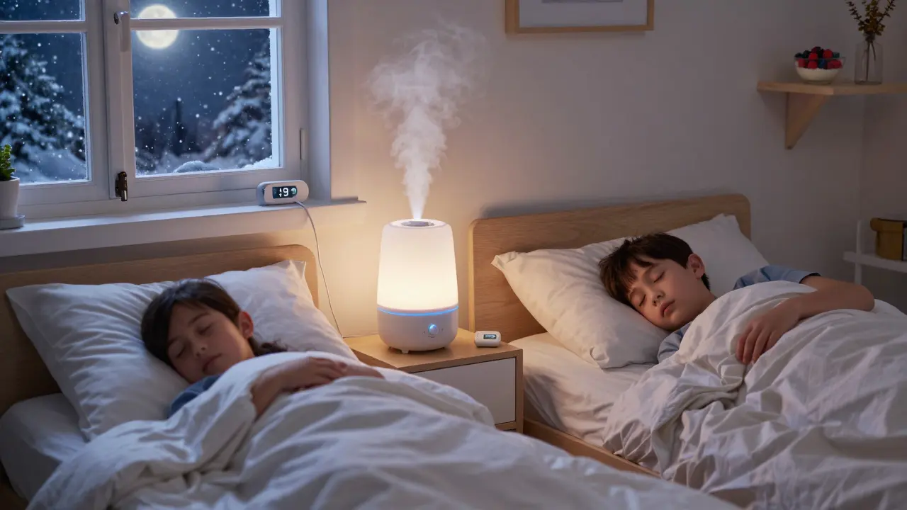 Rodina spí v pokoji s otevřeným oknem, vlhčičkou a zdravou stravou na poličce.