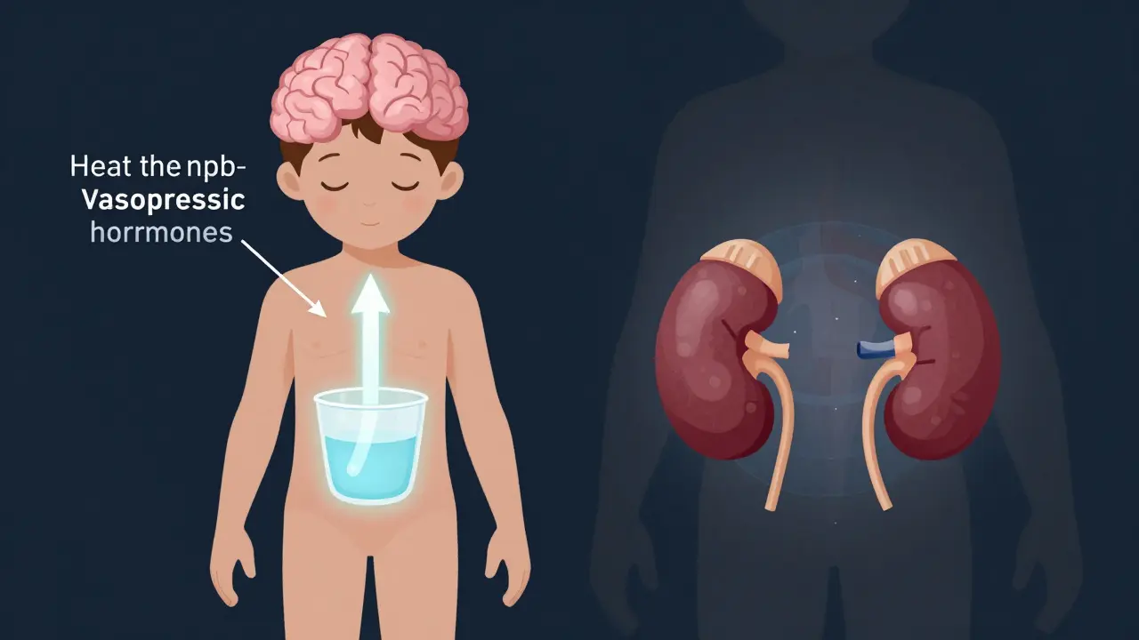 Schematický náčrt dětského těla s hormonální regulací moči během spánku.