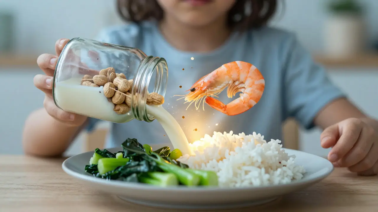 Skleněná nádoba s alergeny se rozbíjí nad talířem bezpečných potravin.