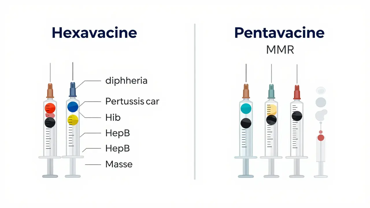 Srovnání dvou plánů očkování: hexavakcína vs. pentavakcína plus MMR.
