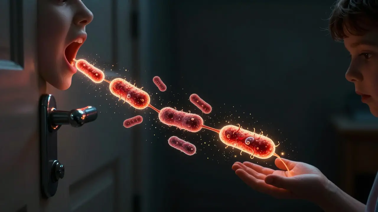 Světelné částice bakterií se šíří z úst přes hračku k jinému dítěti.