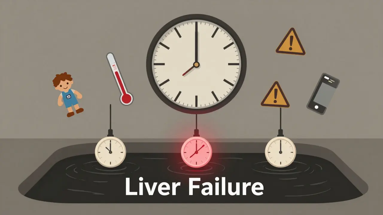 Symbolická scéna s tabletami Paralény jako závažími, která klesají do játra, v tiché, nebezpečné atmosféře.