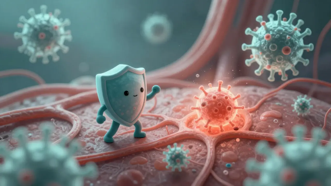 Symbolický obraz imunitního boje proti viru HHV-6, který končí vznikem vyrážky a trvalou imunitou.