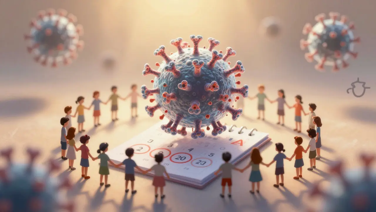 Virus mizí po sedmi dnech, zatímco děti tvoří kruh v symbolickém prostředí imunity.