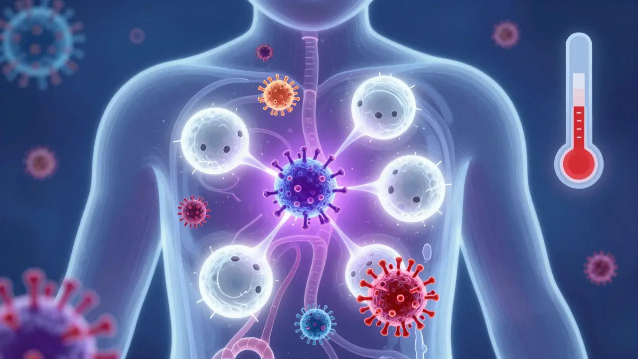 Vnitřní obrázek imunitní reakce těla: bílé krvinky bojují proti virům