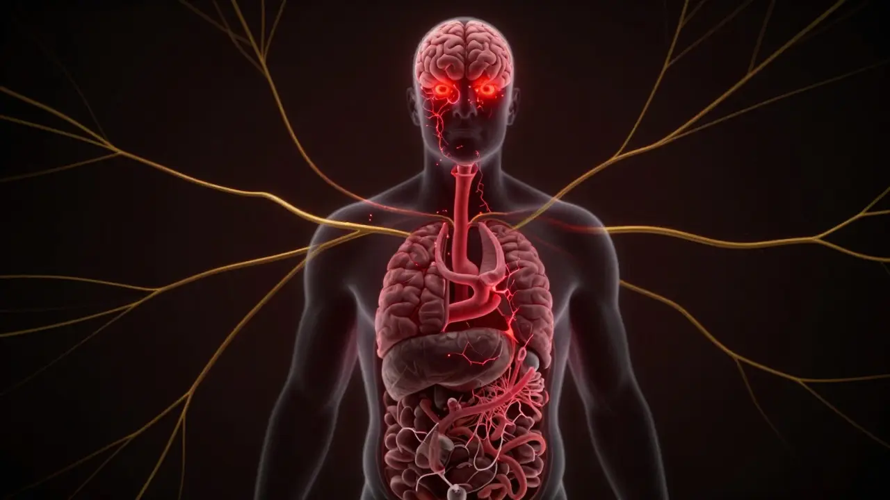 Vnitřní poškození orgánů při pozdním syfilisu, symbolizované zlomeninami.