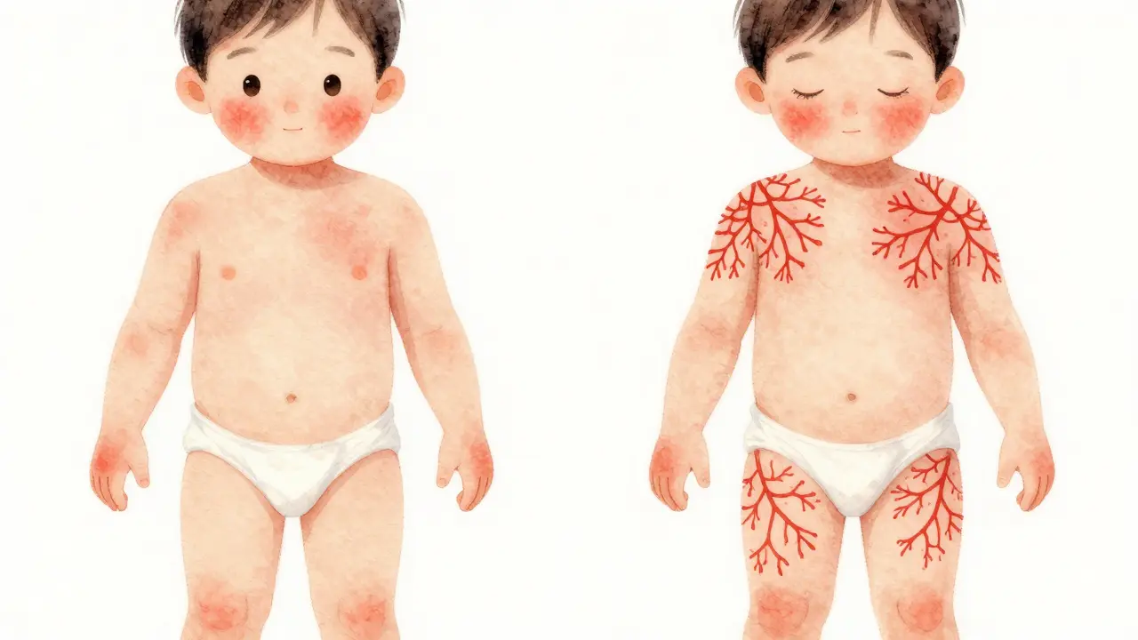 Vodová barva ilustrující postup vyrážky z tváří na tělo.