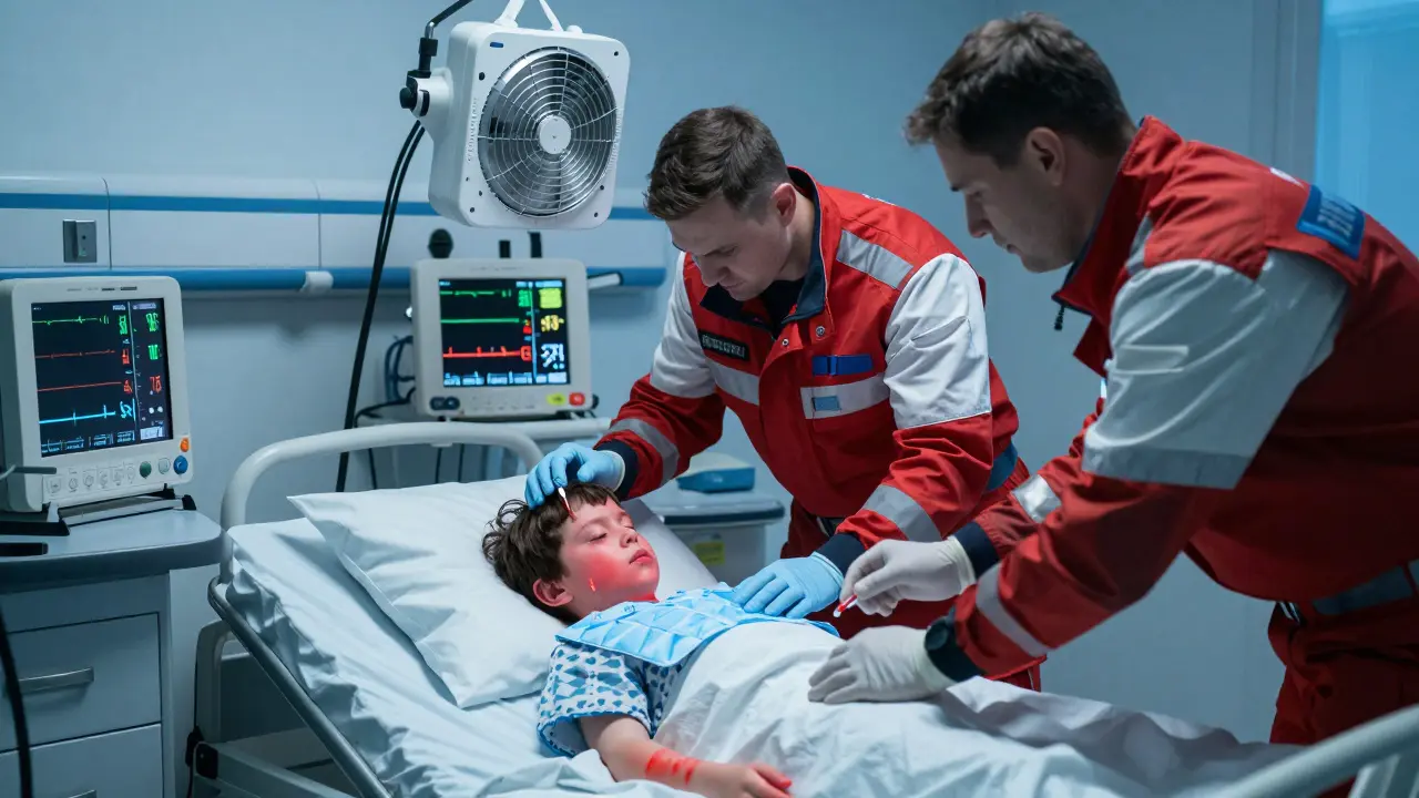 Záchranná služba ochlazuje dítě v nemocnici, monitoruje životní funkce a aplikuje chladící prvky.