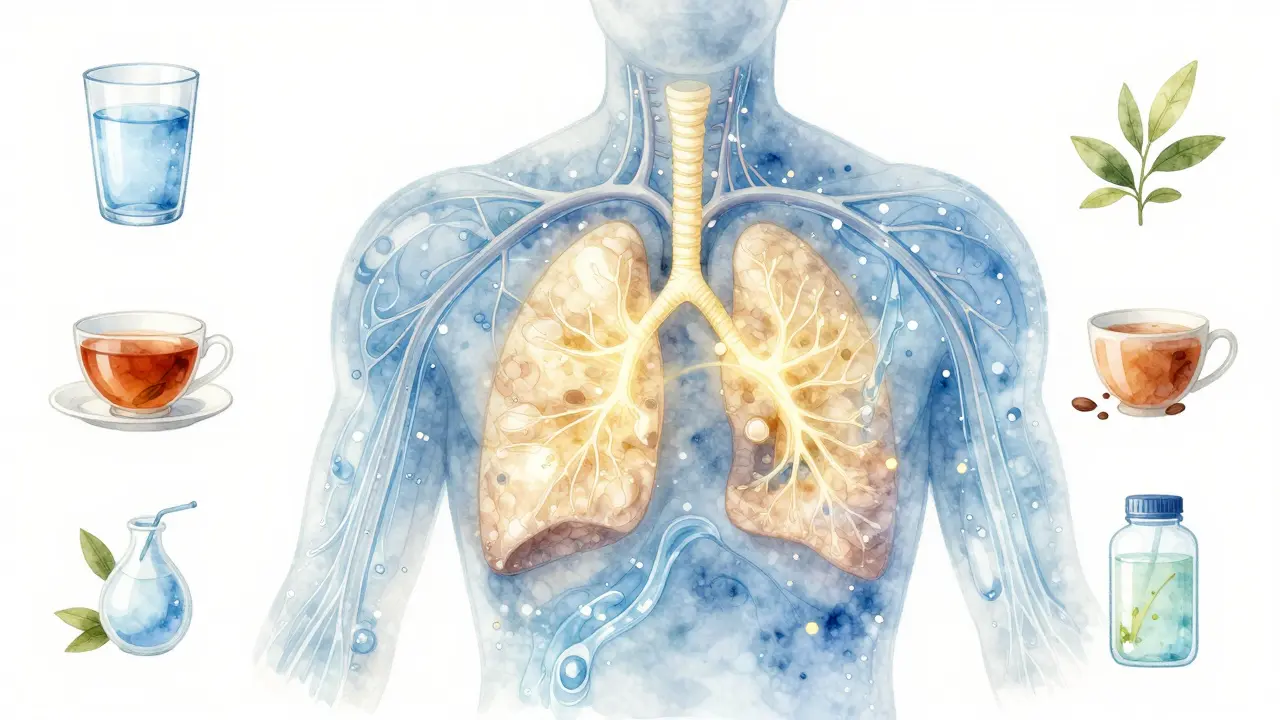 Abstraktní znázornění hydratace těla při horečce pomocí tekutin a elektrolytů.