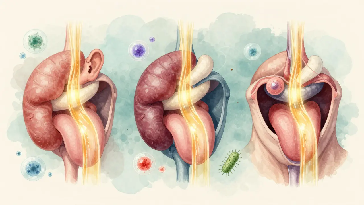 Anatomická ilustrace tří hlavních slinných žláz s proudy sliny tekoucí do úst.