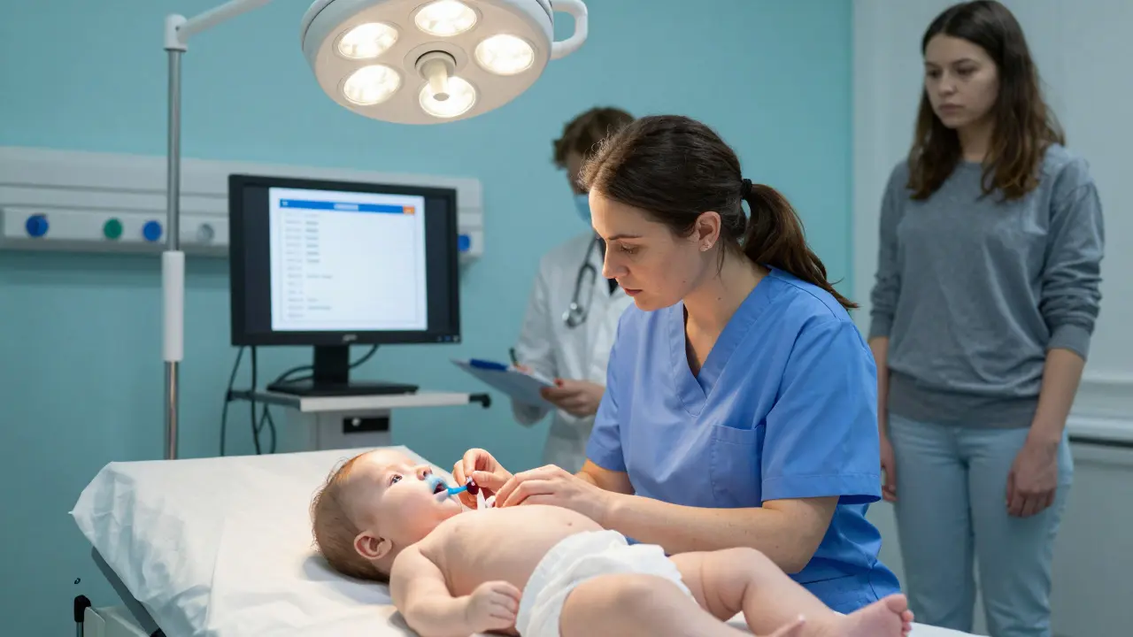Dětská pohotovost: lékař vyšetřuje nehybného novorozence s modrými rty, sestra připravuje krevní test.