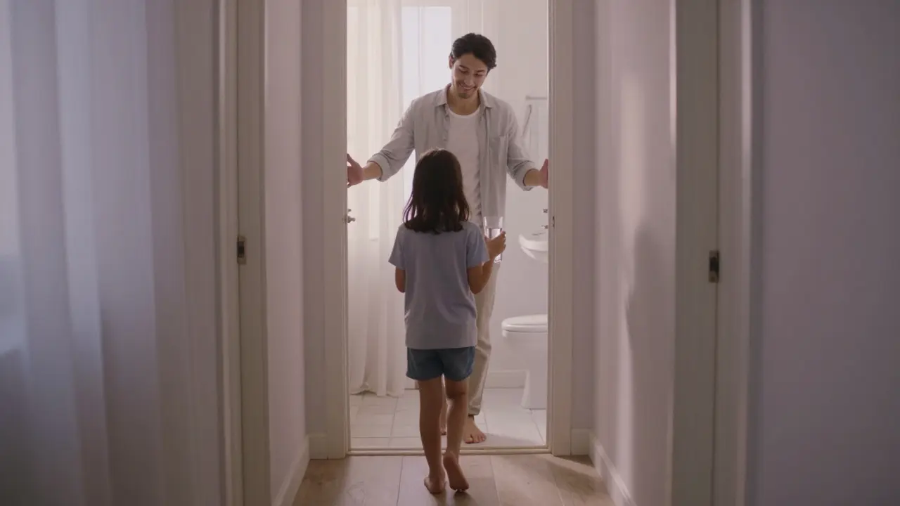 Dítě jde k záchodu ráno, rodič ho pozoruje s podporou a úsměvem.