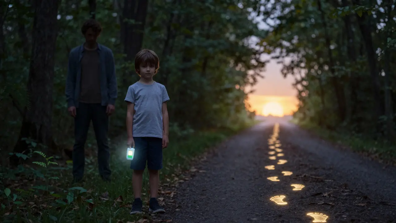 Dítě jde po světélkující cestě s alarmem, za ním stín starostlivého rodiče, před ním východ slunce.