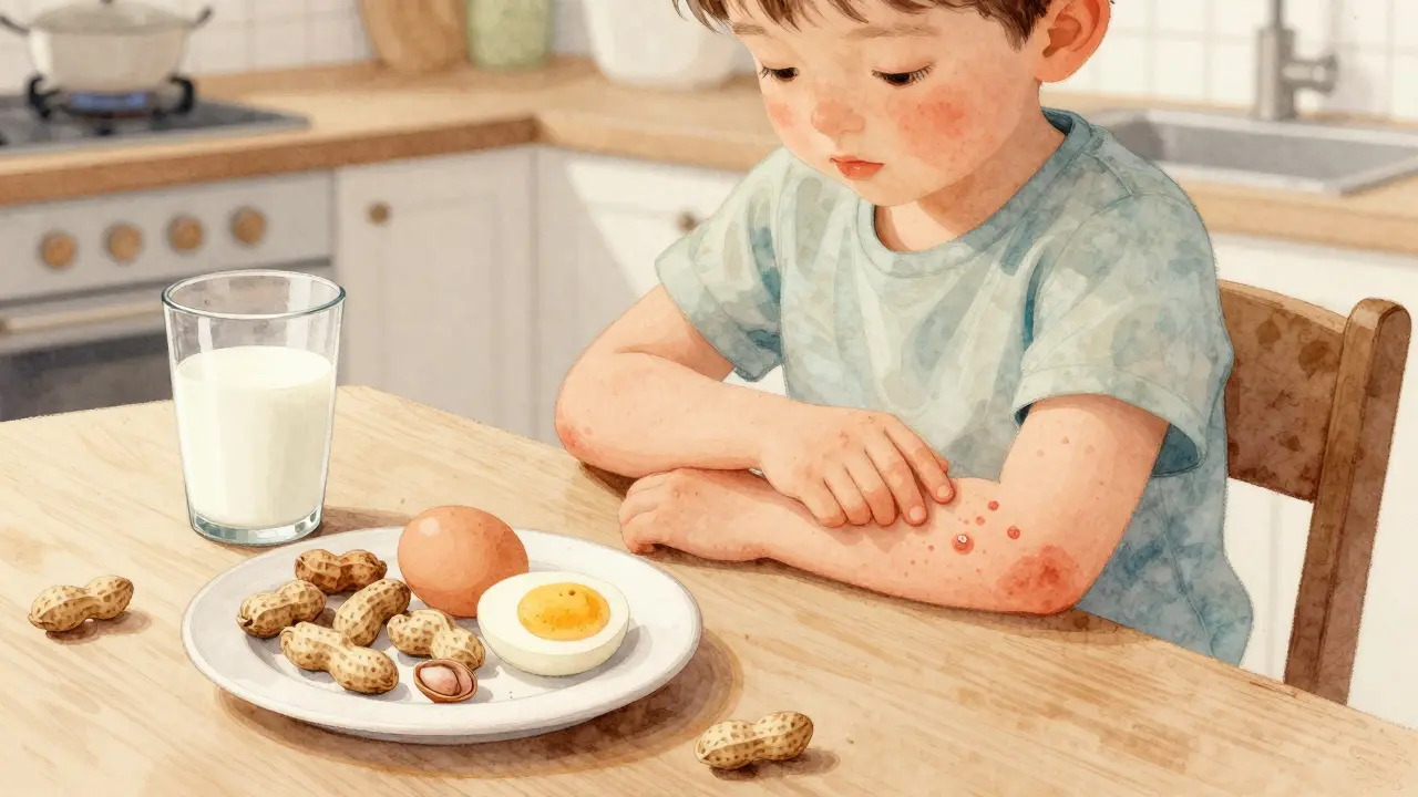 Dítě konzumuje ořechy, vejce a mléko, objevují se pupíky na paži.