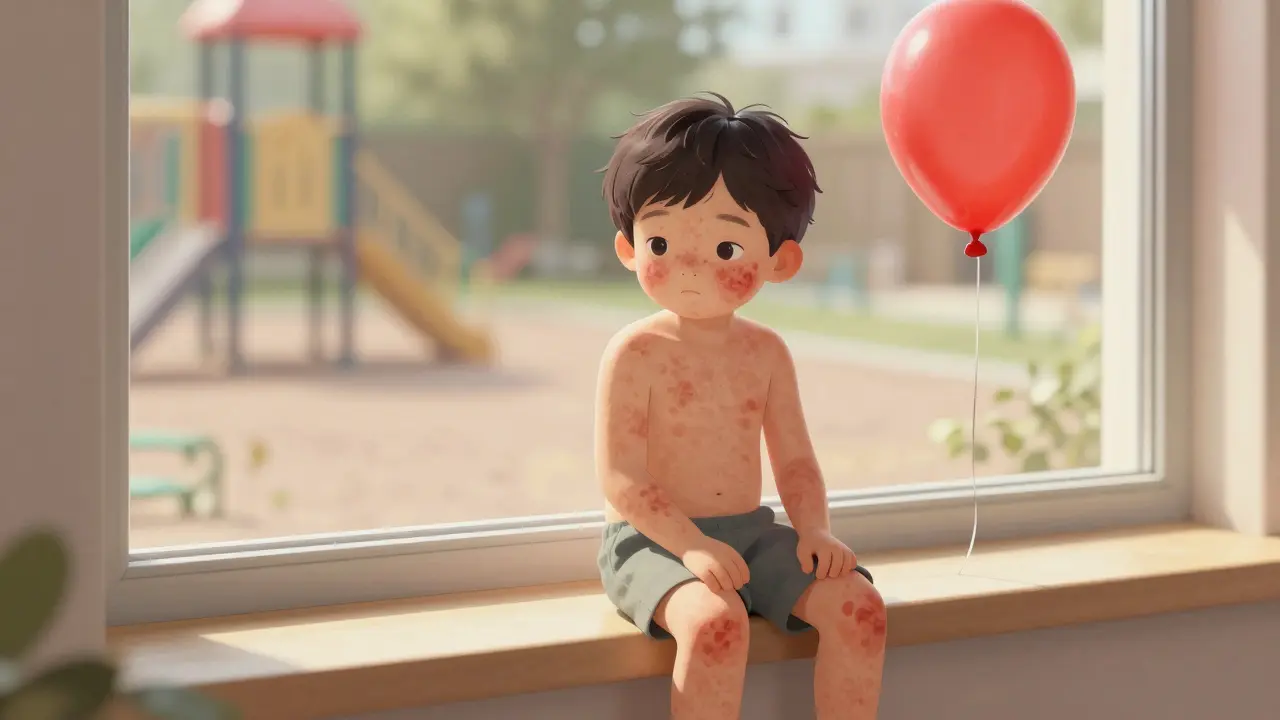 Dítě s celotělními vyrážkami sedí u okna, venku prázdné hřiště, na okně červená balónka.