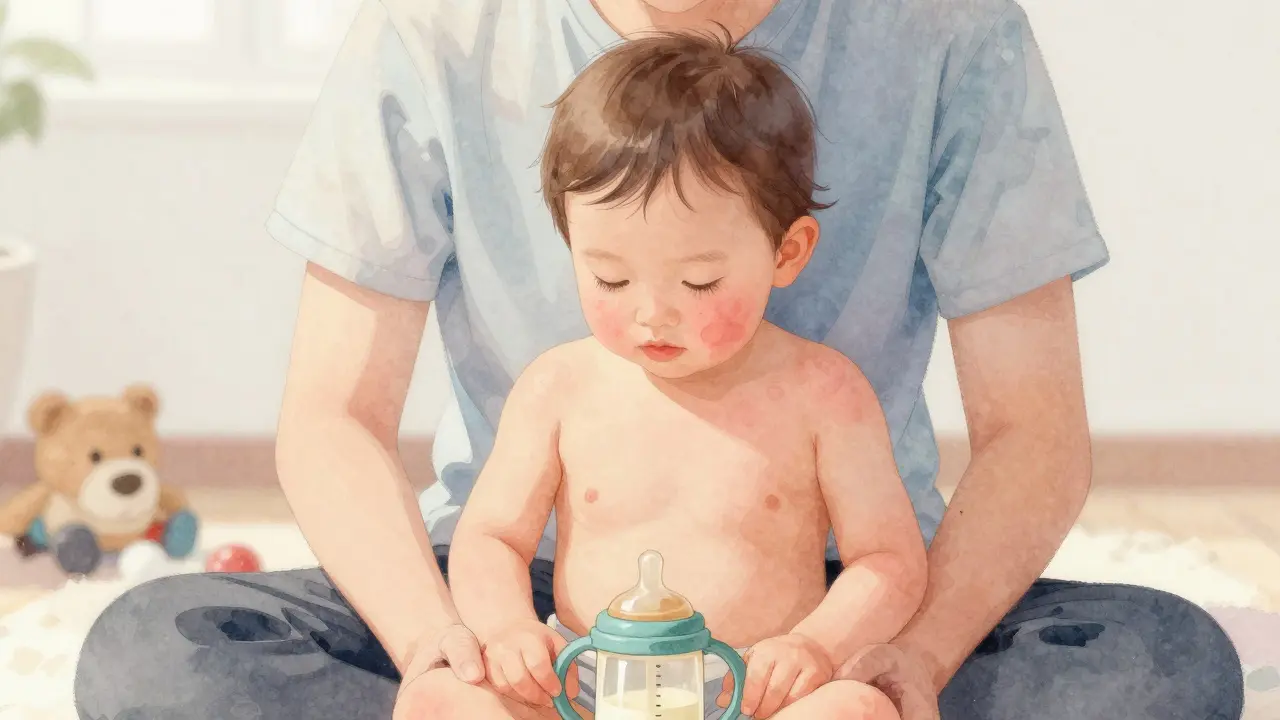 Dítě s jemnou růžovou vyrážkou na hrudi, klidně sedí na náručí rodiče.