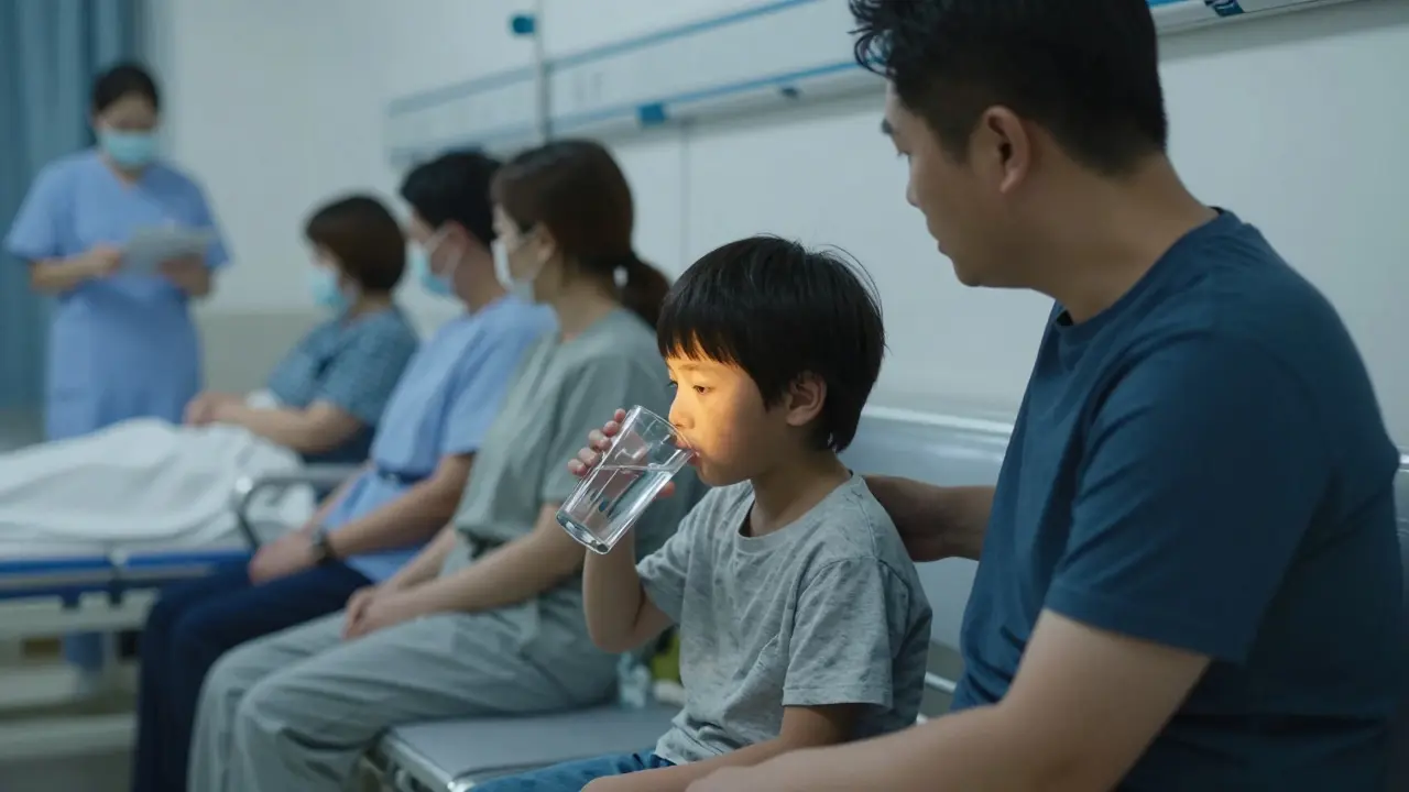 Dítě s mírnou horečkou pije v počkárně nemocnice, rodič ho útěšně drží.