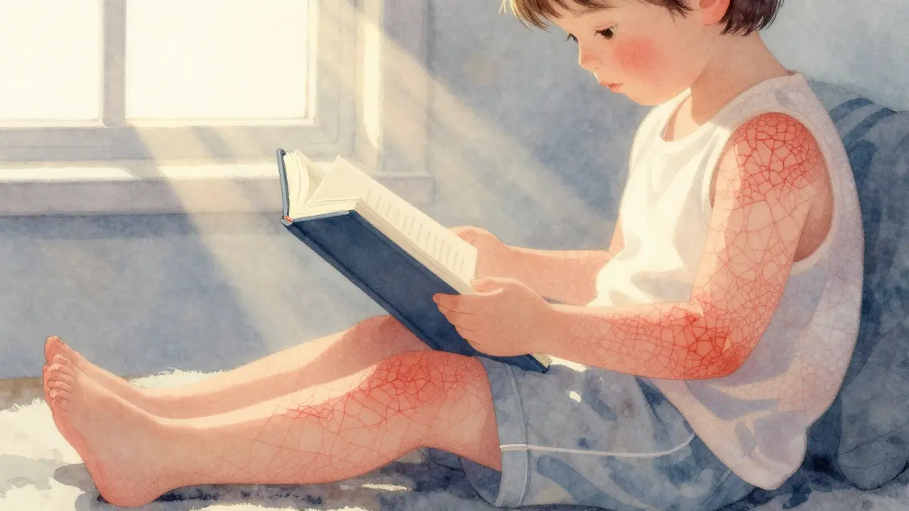 Dítě s pavučinovitou vyrážkou na nohou sedí a čte knihu.