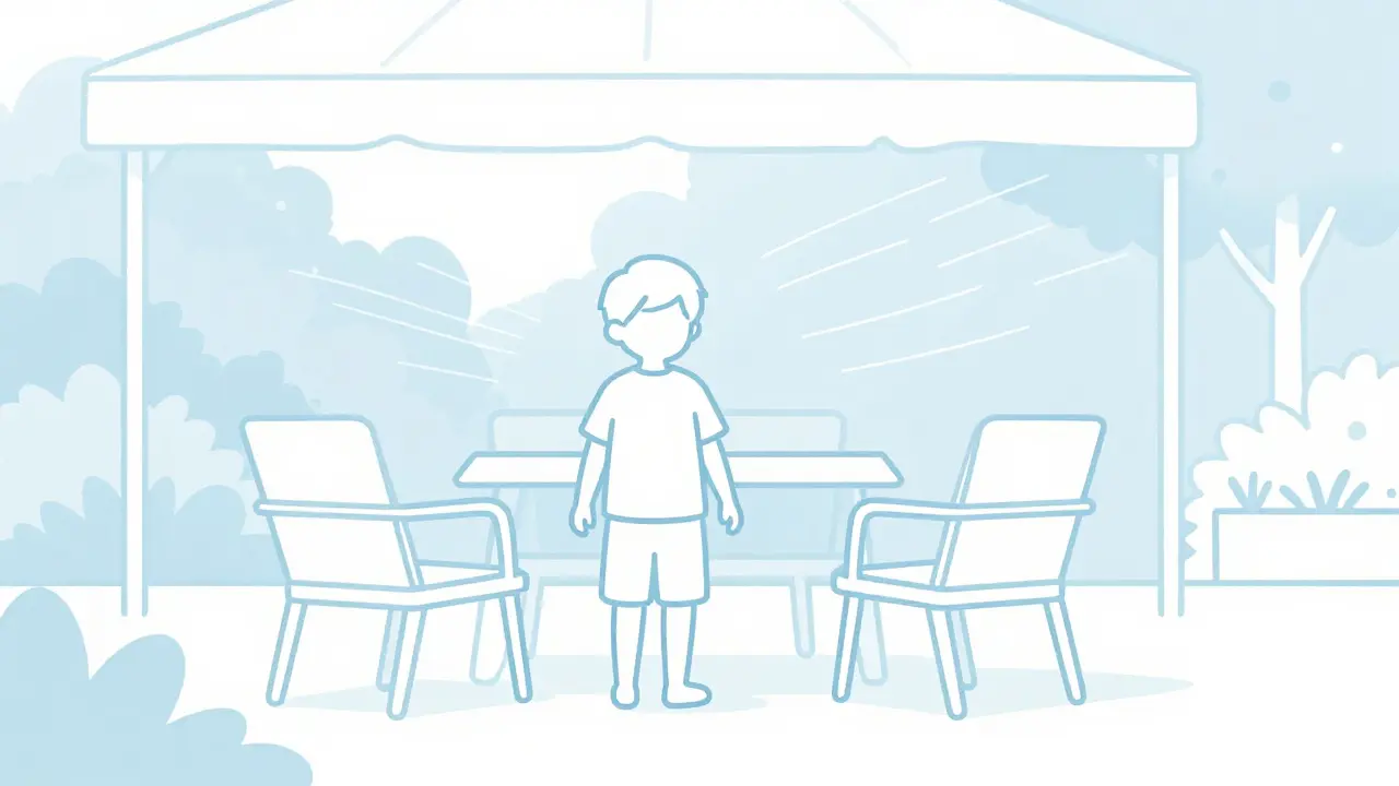 Dítě v lehkém bavlněném oblečení v stínu s ventilátorem