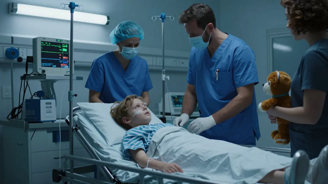 Dítě v nemocniční záchranné jednotce s IV přípravkem a lékaři v akci.